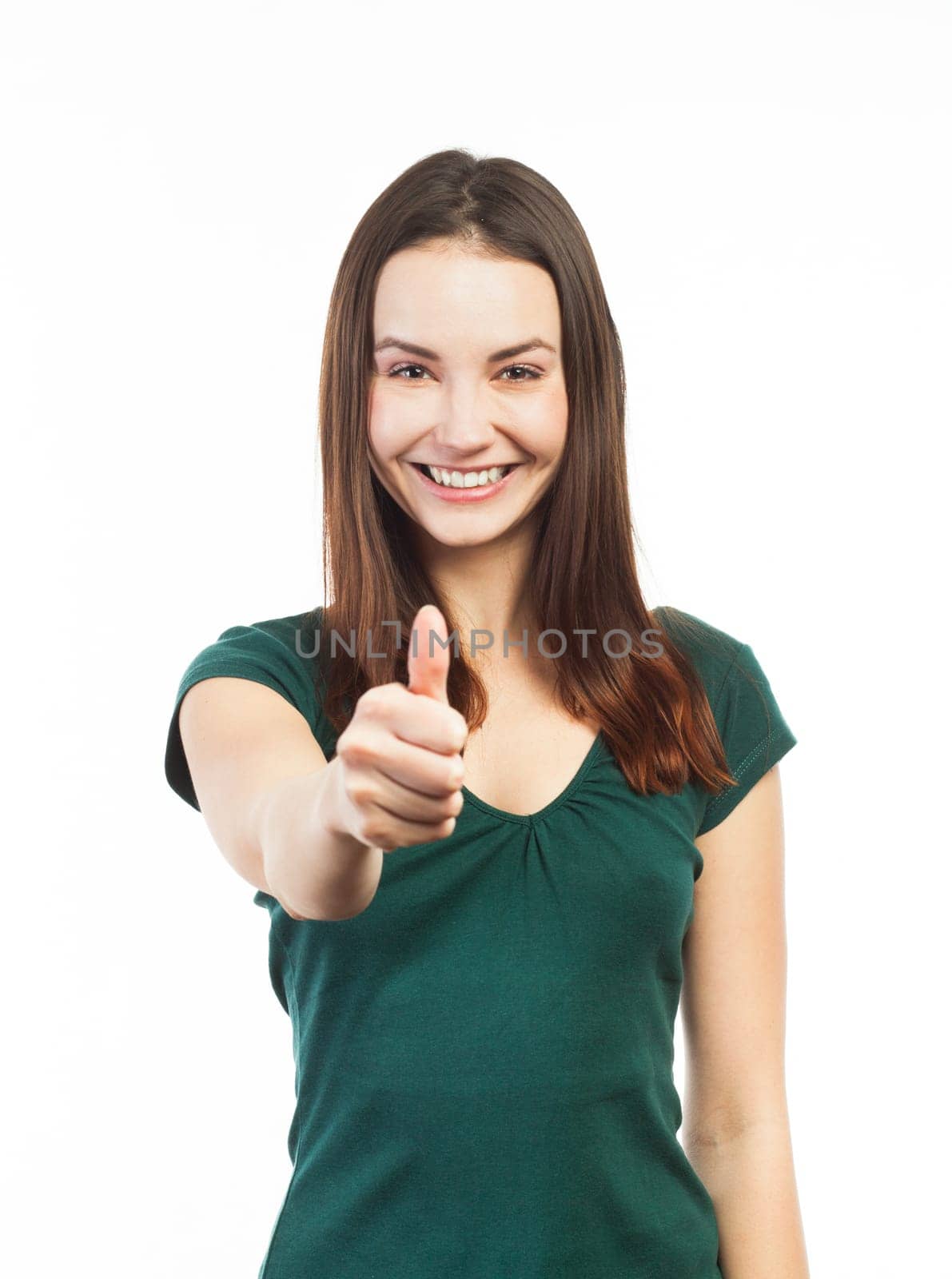 Young casual woman showing ok sign, isolated on white