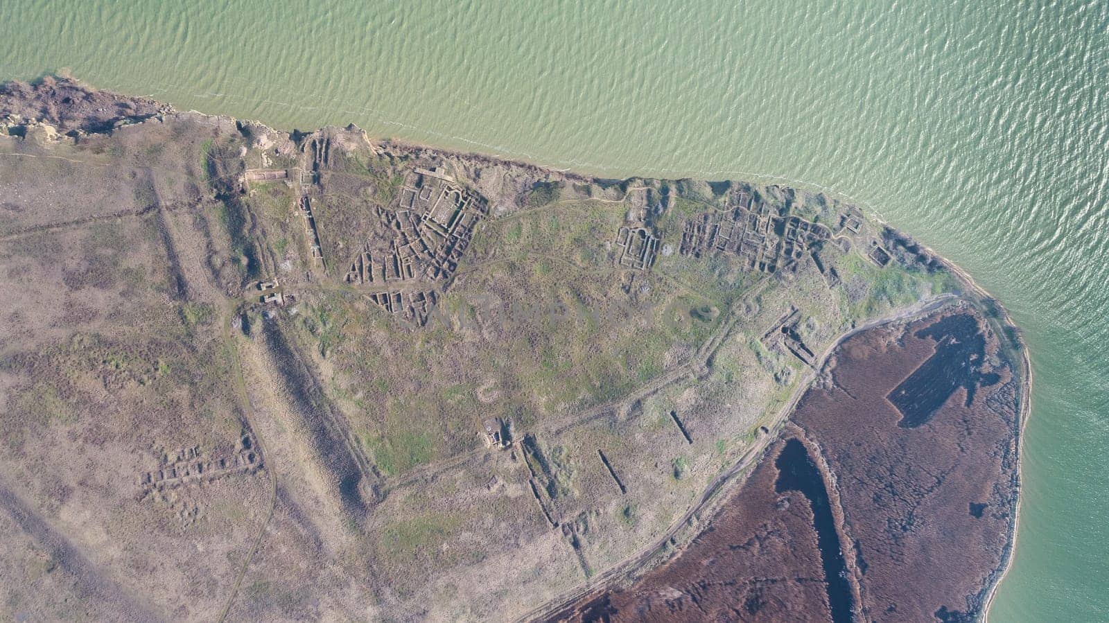 Roman ruins of Argamum (Organe) citadel. Dobrogea Romania. Aerial view.