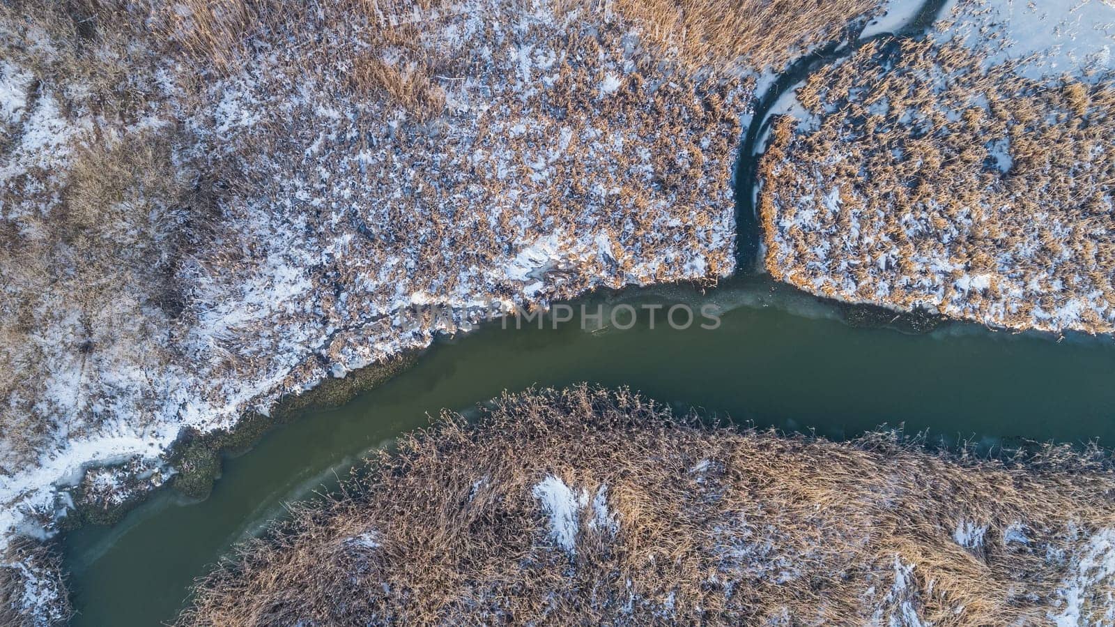 lake in winter. Location: Comana Natural Park, Romania. Aerial view