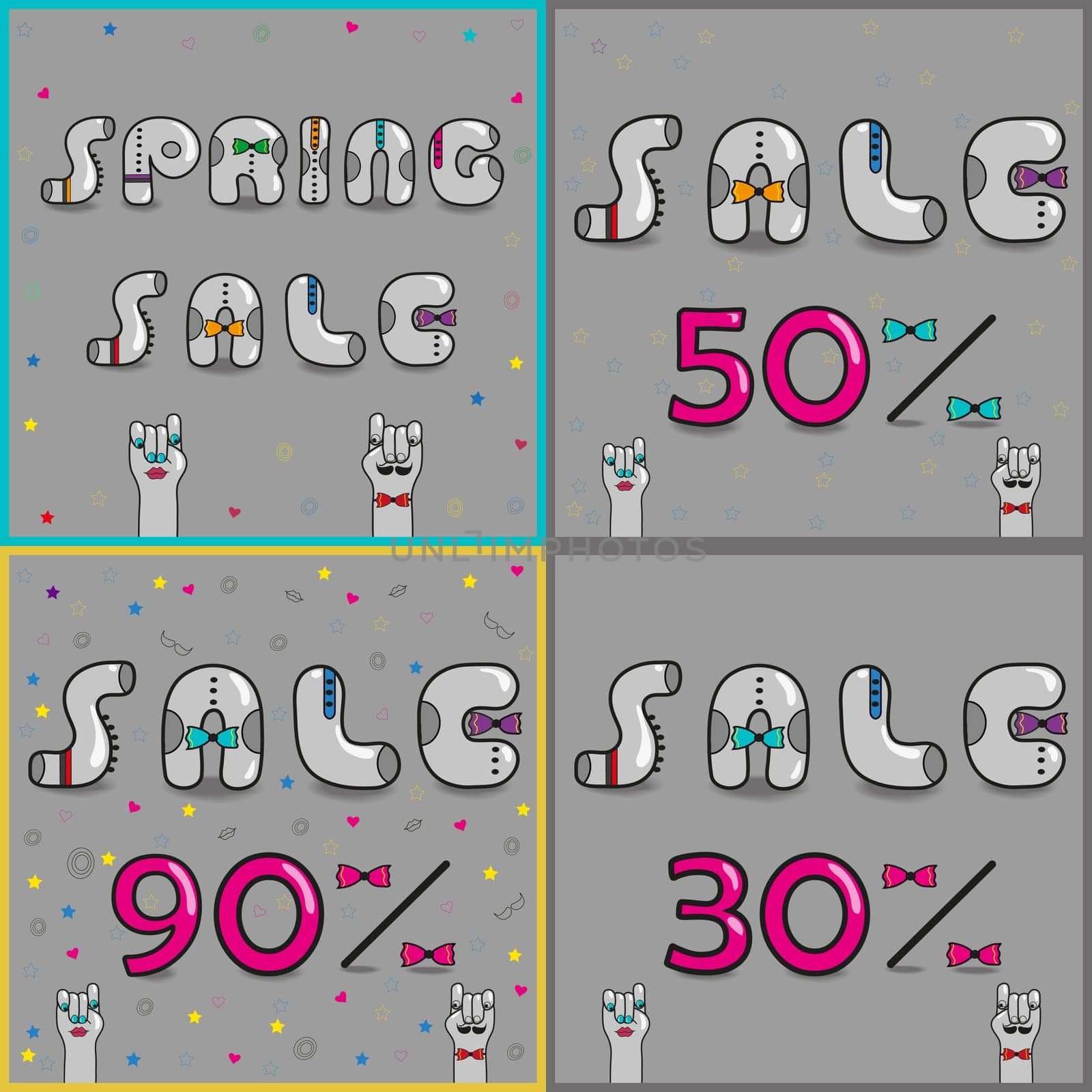 Cards with inscriptions for retail. Vintage font. Sale. Gray retro letters with colorful ties. Pink numerals. Cartoon hipster hands.  illustration