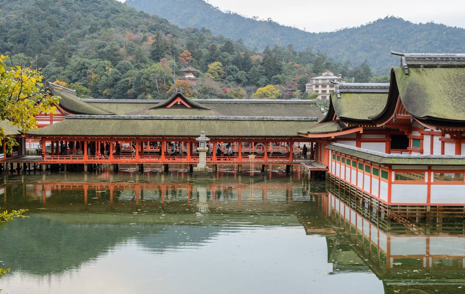 The scenery of Floating Shrine on the Sea of Itsukushima Shrine at high tide in Miyajima island, Japan
