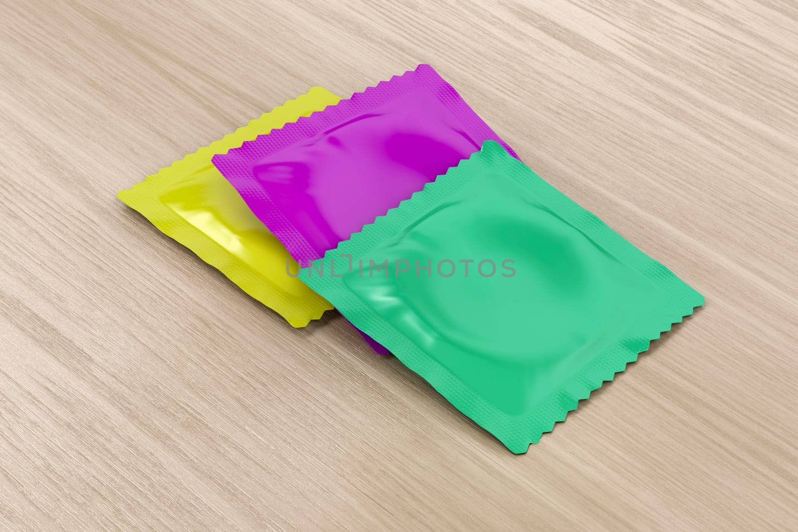 Three different condoms on wooden table