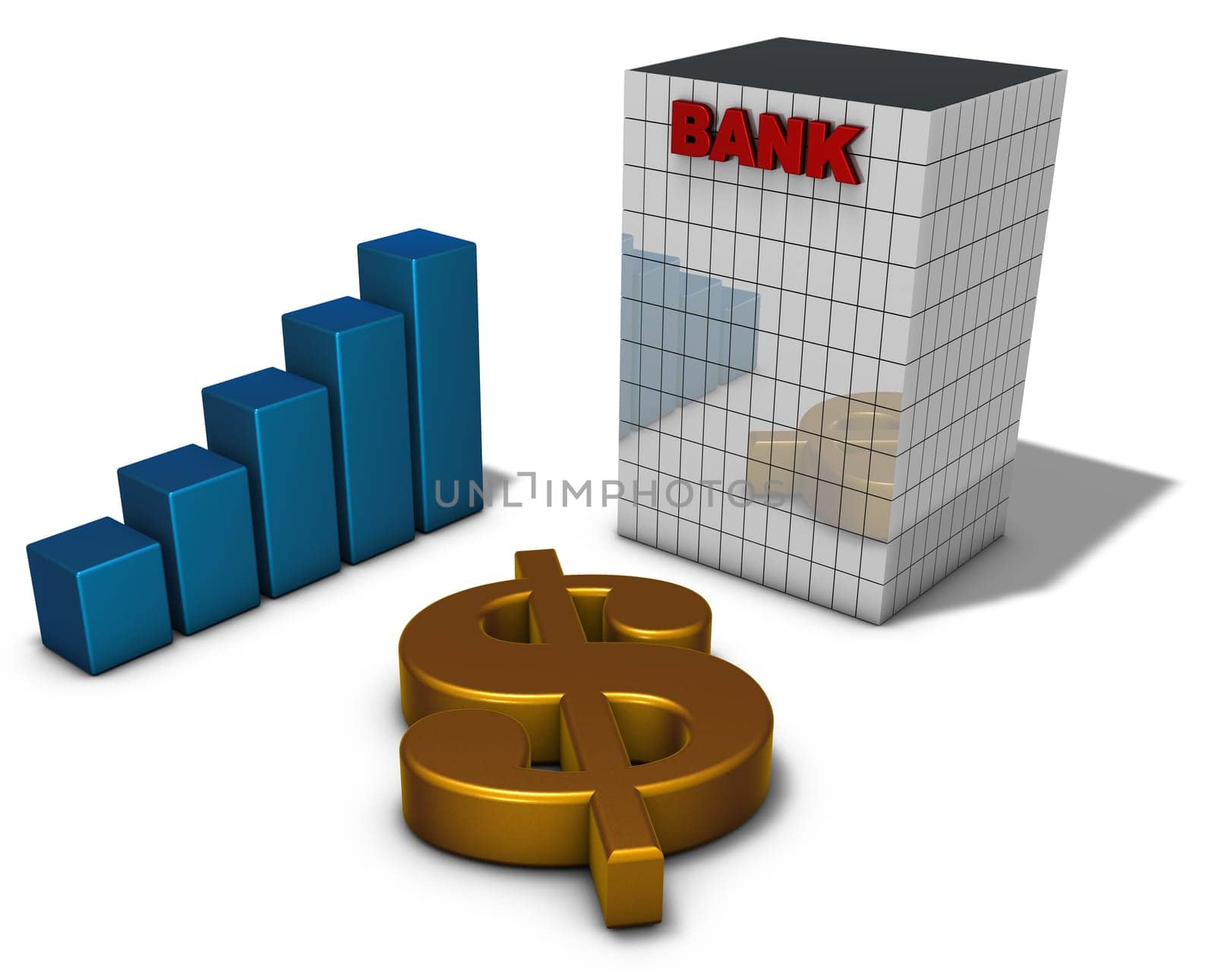 bank building,dollar symbol and bar chart - 3d rendering