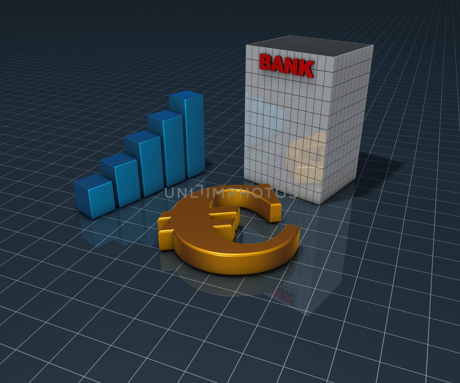 bank building,euro symbol and bar chart - 3d rendering