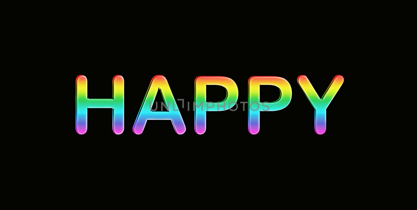 Happy in rainbow colors written on black background