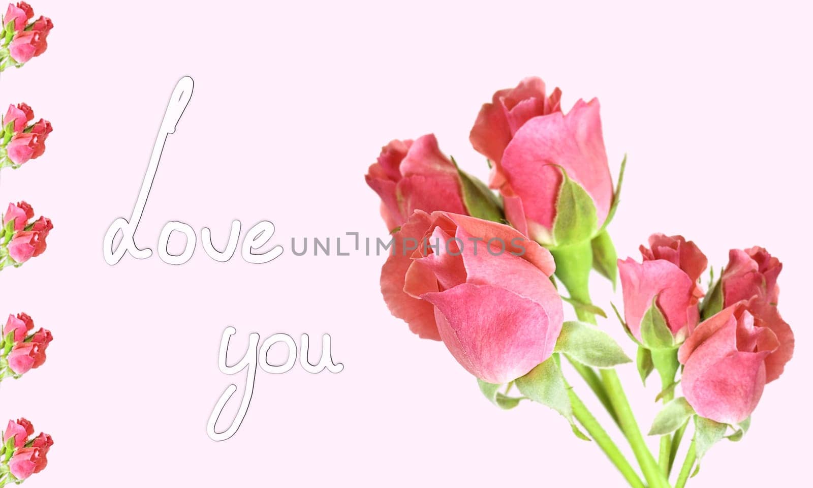 Text Love You in handwriting on a Greeting Card with bouquets of red roses on pink background pink