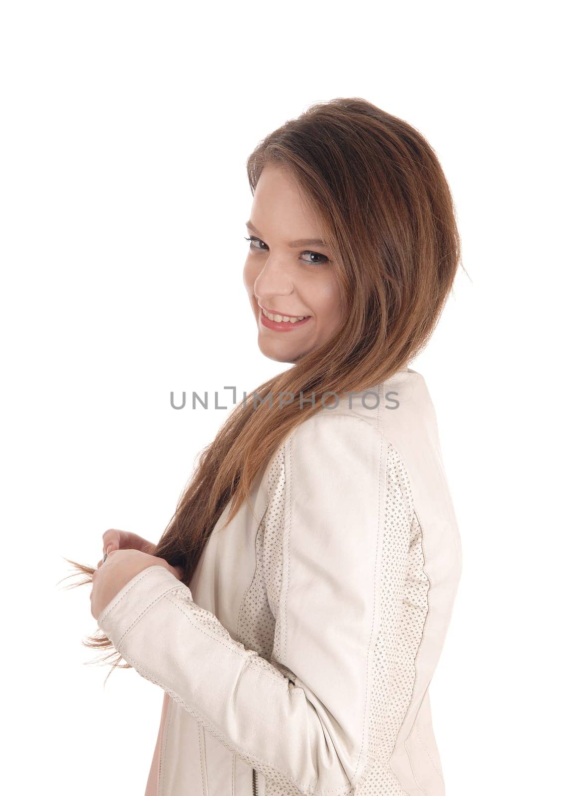 A close up image of a gorgeous young woman in a white leather jacket,.looking into the camera, isolated for white background.