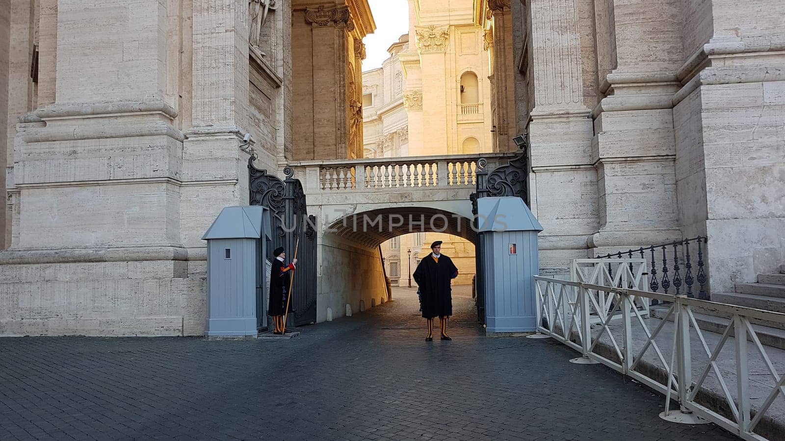 Vatican City, Vatican - February 11, 2018: Pontifical Swiss Guard, Swiss Guard Or Papal Swiss Guards Standing At Gate Of Vatican