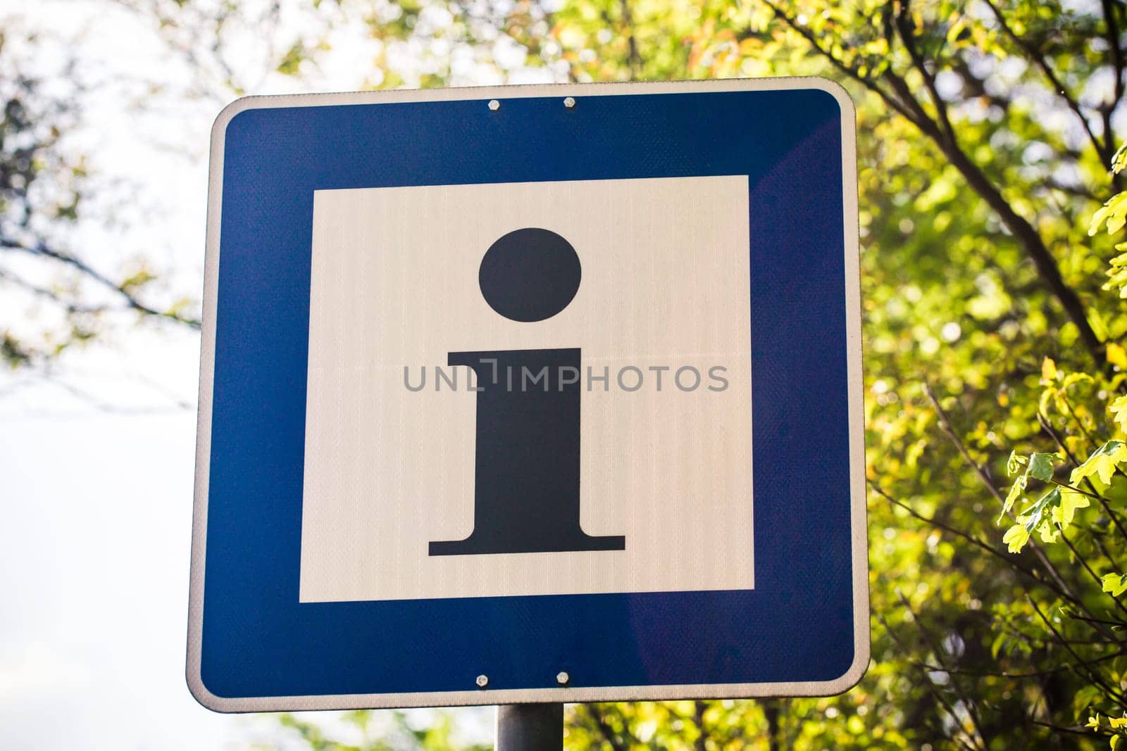 Information sign in summer with green branches