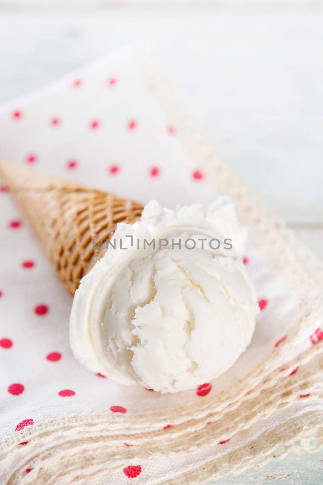 Coconut ice cream wafer cone.