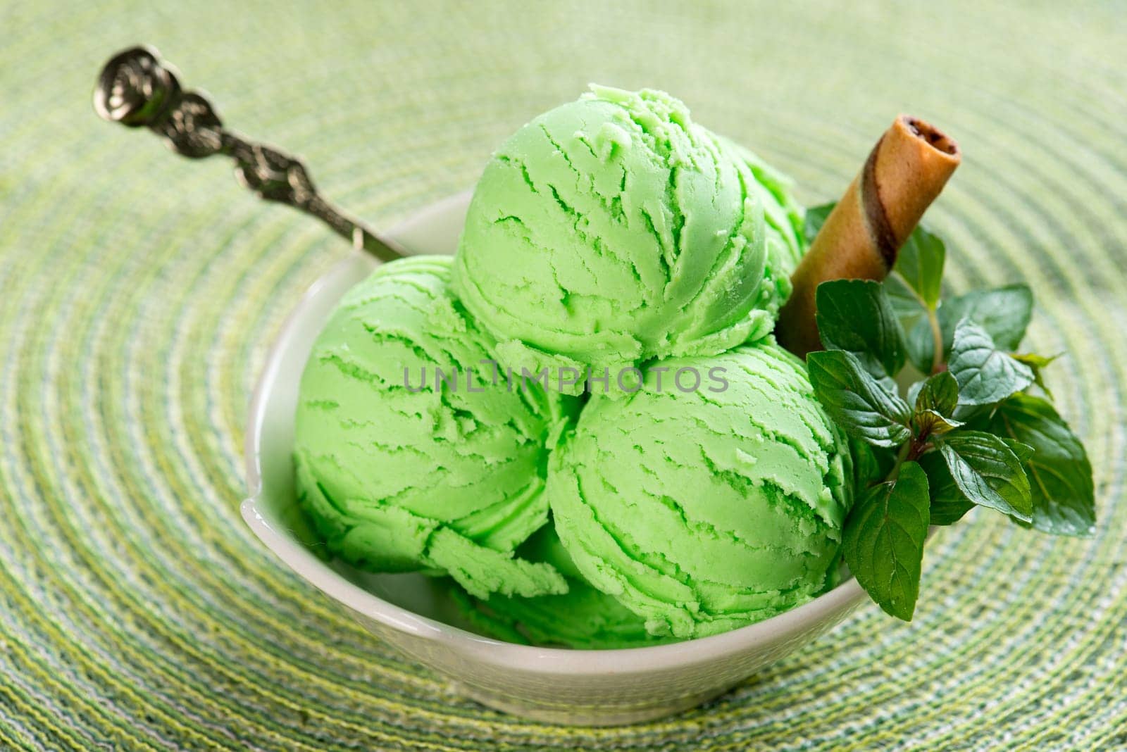 Mint ice cream on dining table.