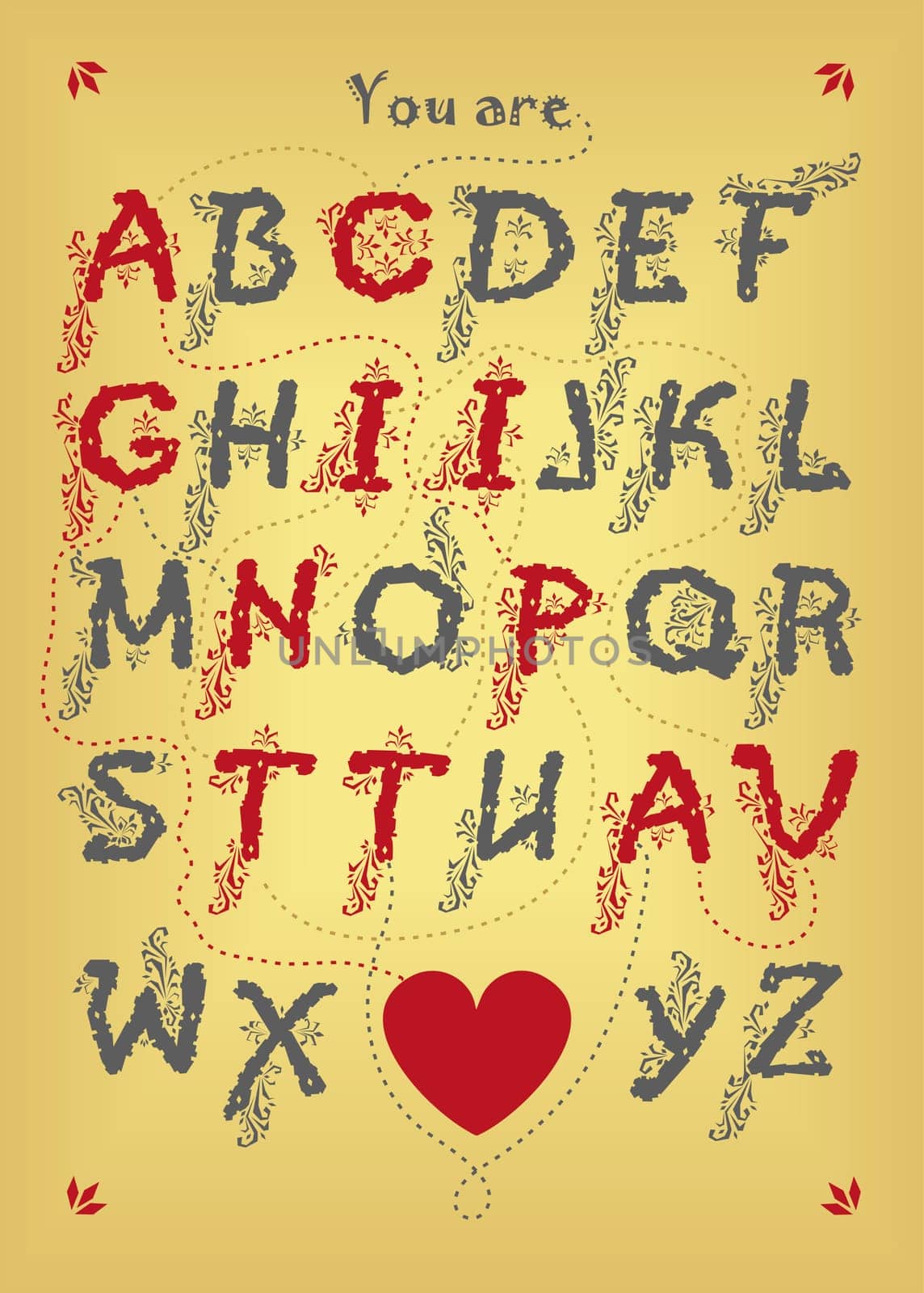 Artistic alphabet with encrypted romantic message - You are captivating. Gray and red letters with botanical decor. Big heart is as the end of the message. Yellow background. Illustration