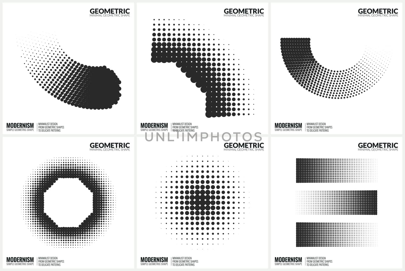 Set 6 Universal Halftone Geometric Shapes For Design Black And White Color