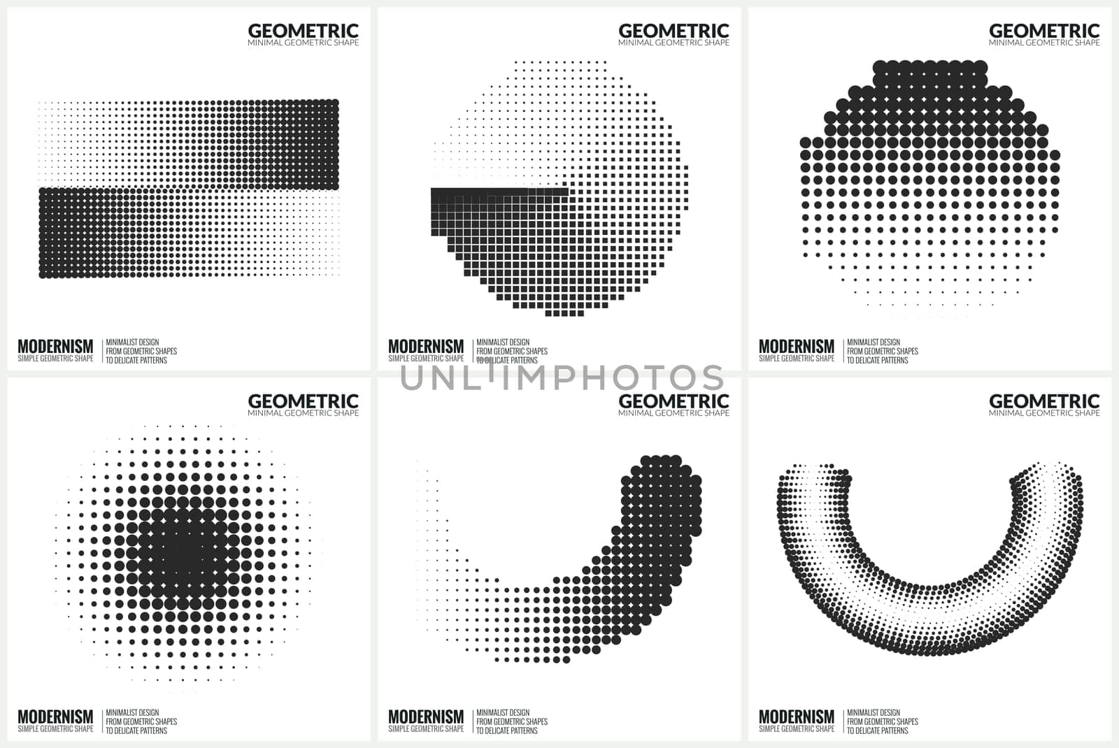 Set 6 Universal Halftone Geometric Shapes For Design Black And White Color