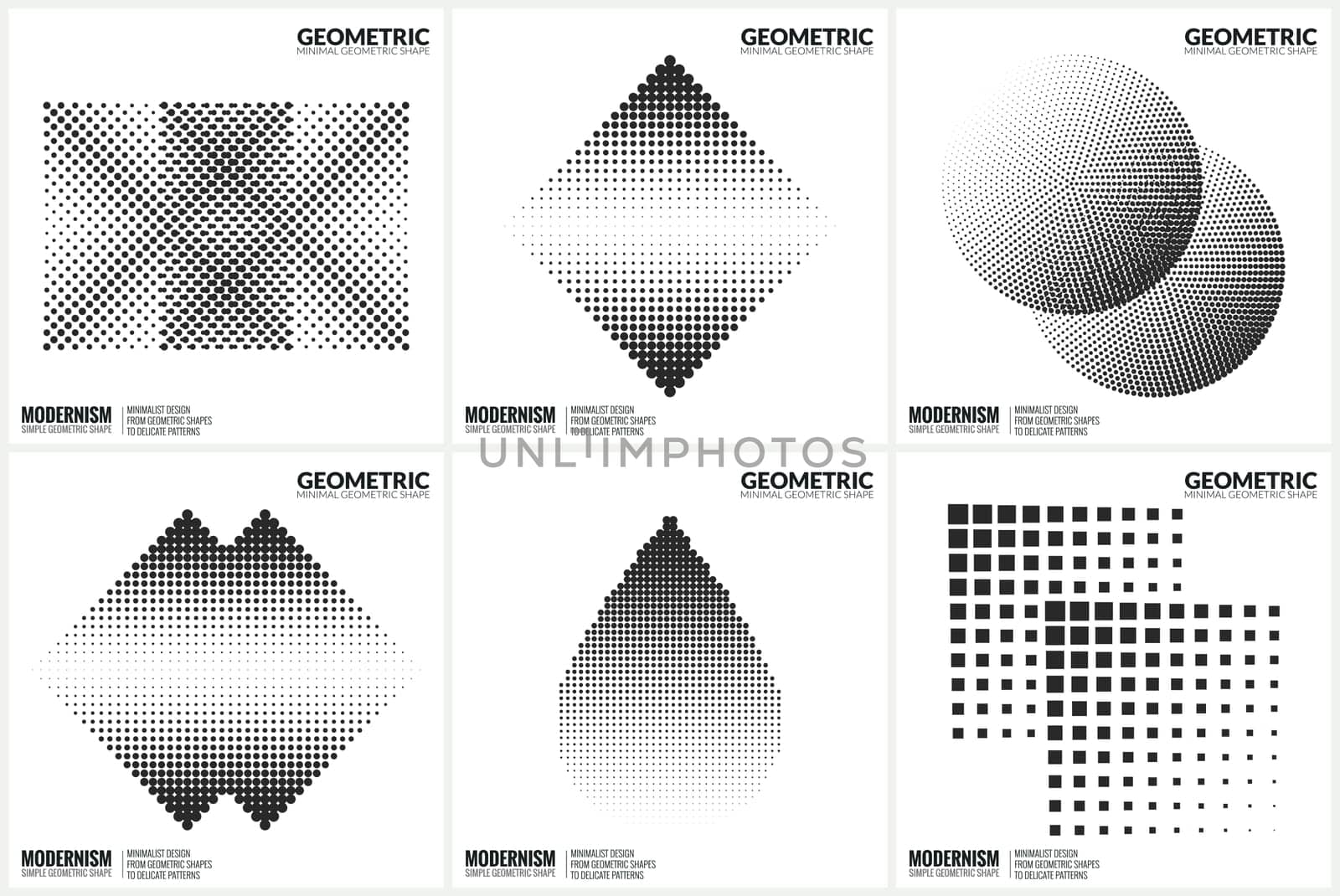 Set 6 Universal Halftone Geometric Shapes For Design Black And White Color