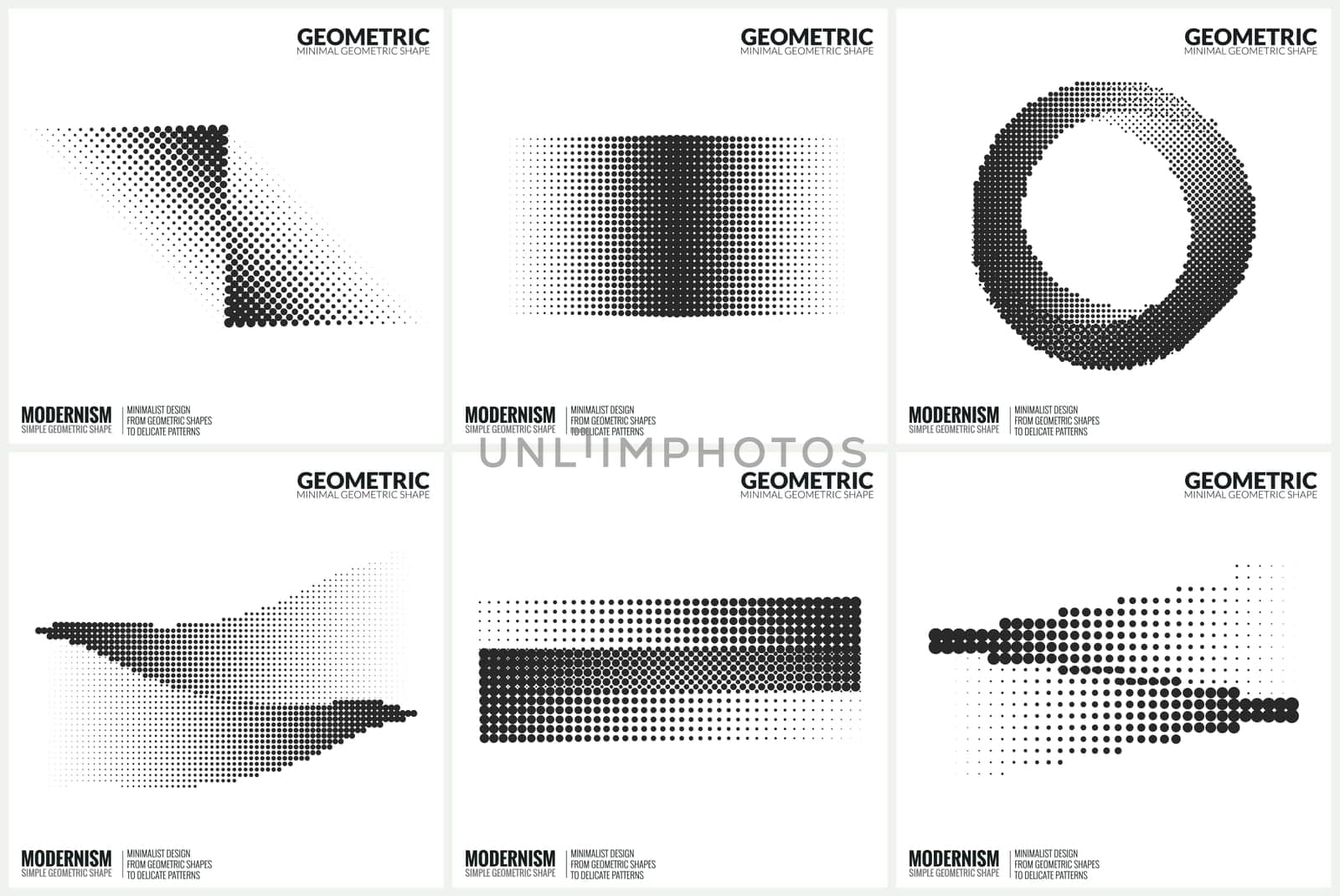 Set 6 Universal Halftone Geometric Shapes For Design Black And White Color