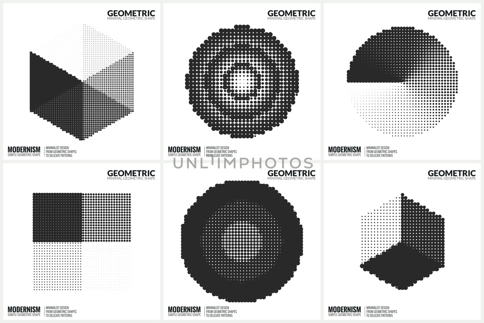 Set 6 Universal Halftone Geometric Shapes For Design Black And White Color