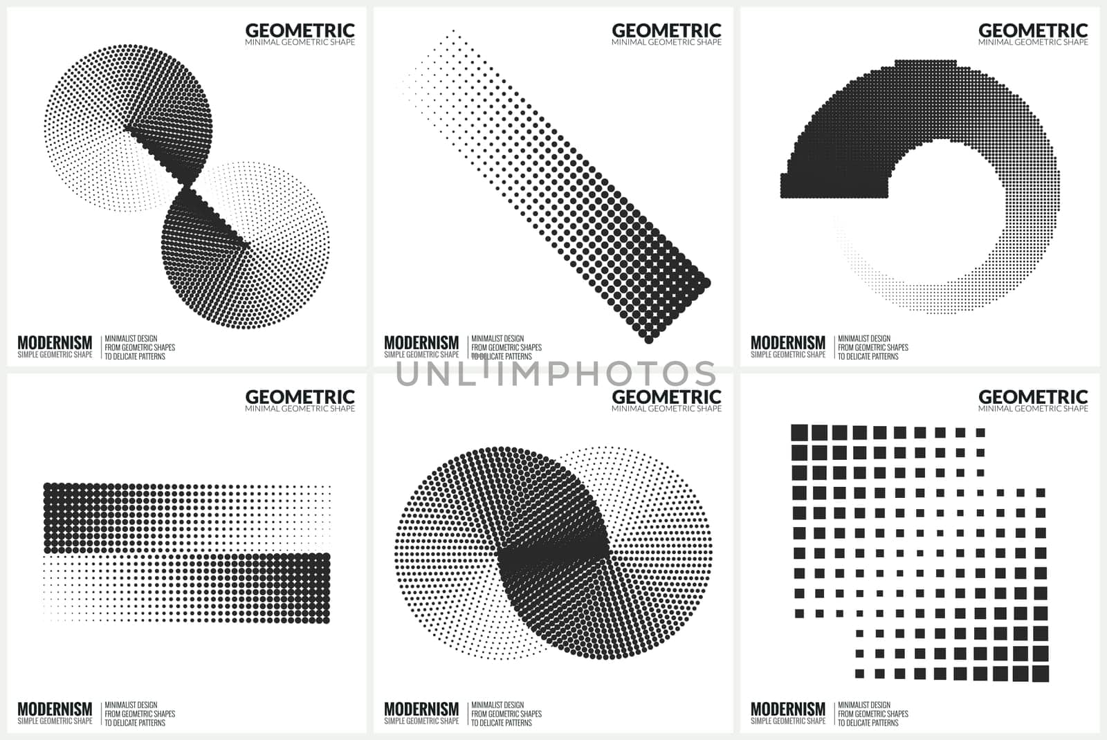 Set 6 Universal Halftone Geometric Shapes For Design Black And White Color