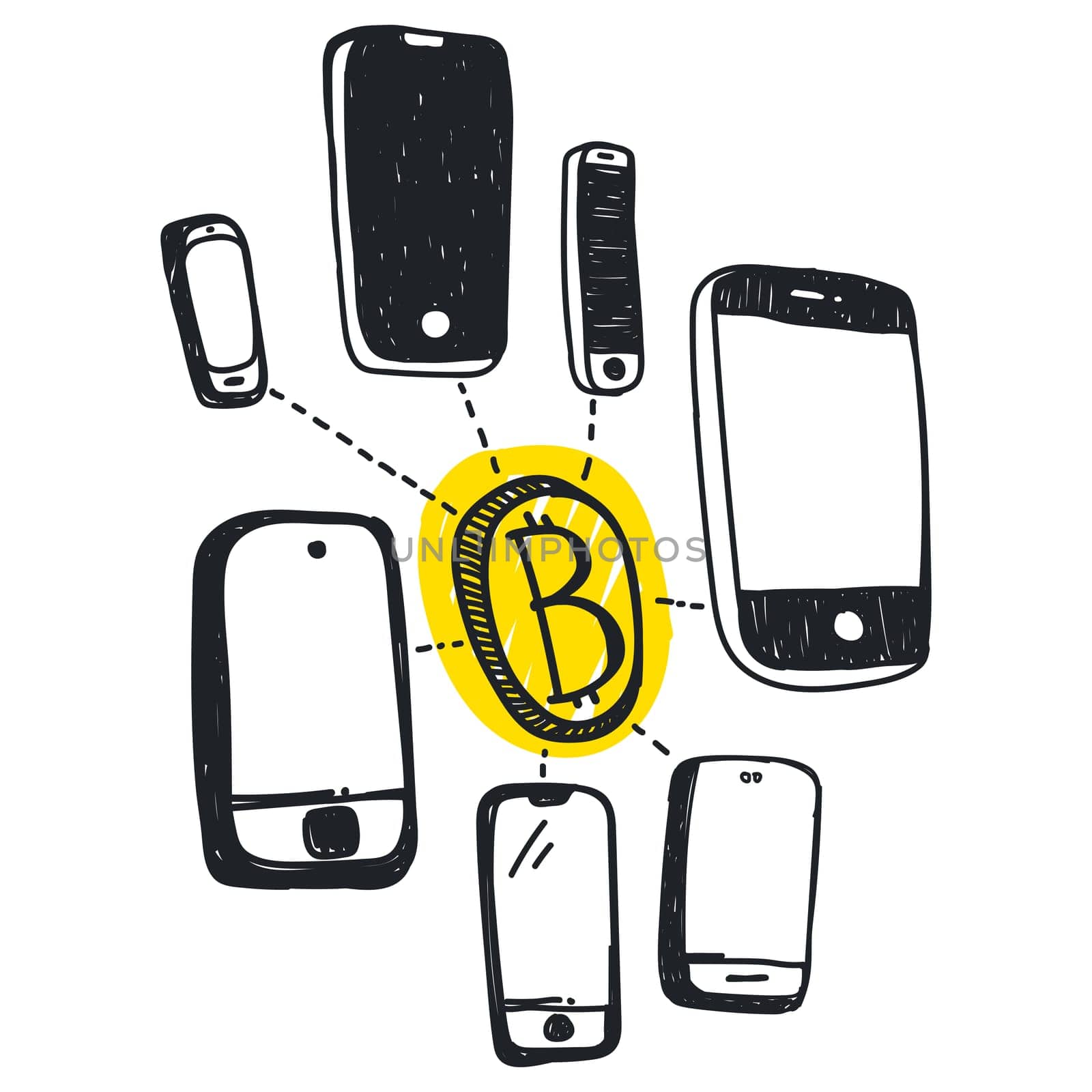 Vector visualization concept of electronic commerce. Online bitcoin payment.  smartphone with coin. Pay per click by virtual currency. Hand drawing illustrations. Doodle sketch