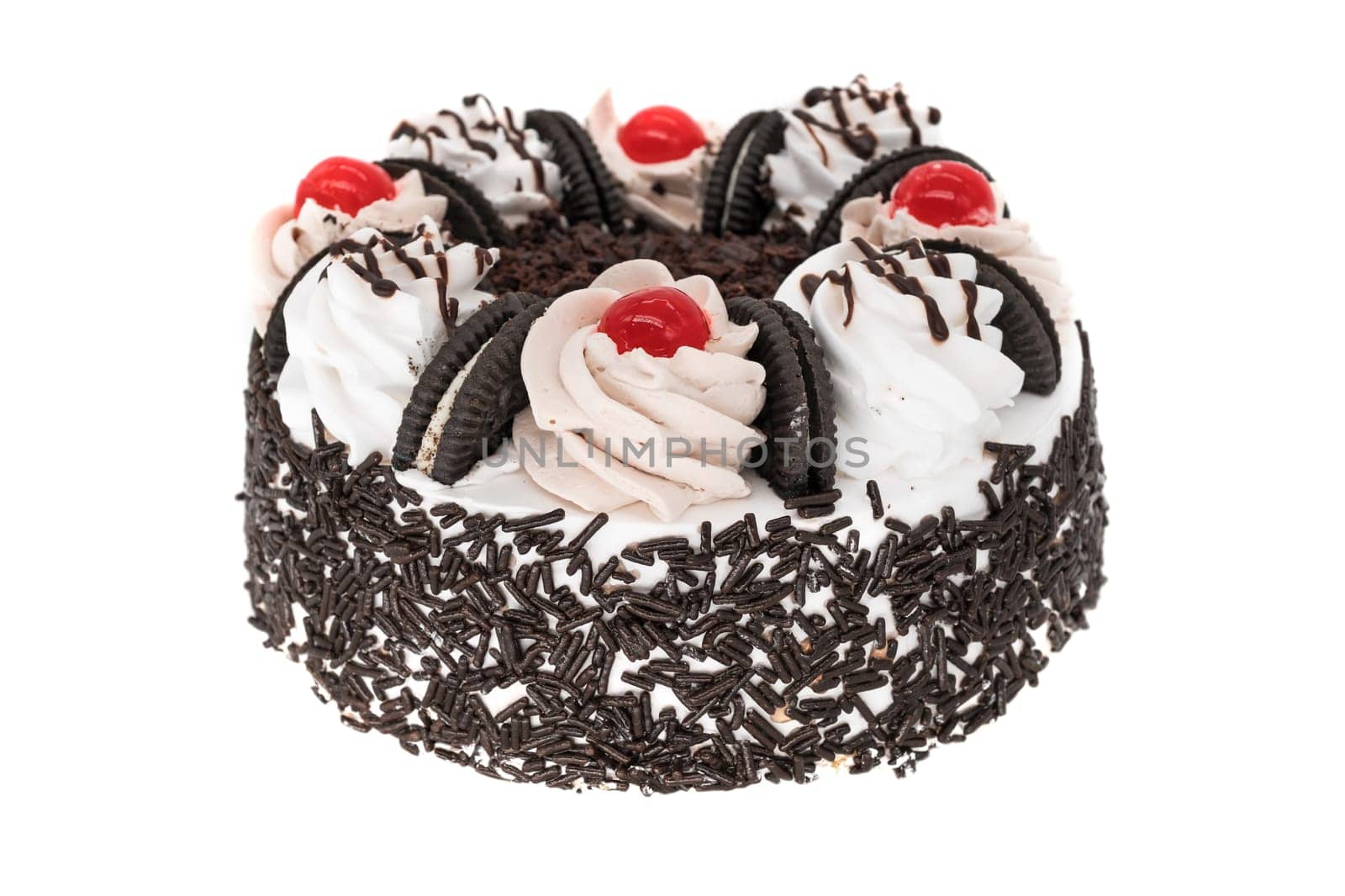 Cake isolated,sweet dessert with chocolate,whipped cream and dessert cherries