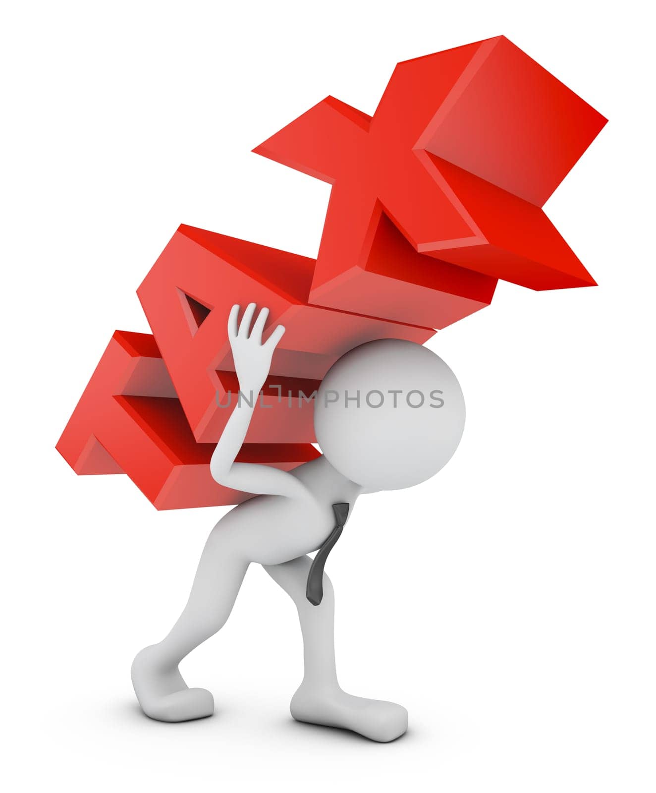 The little man carries a voluminous inscription TAX. 3d rendering.