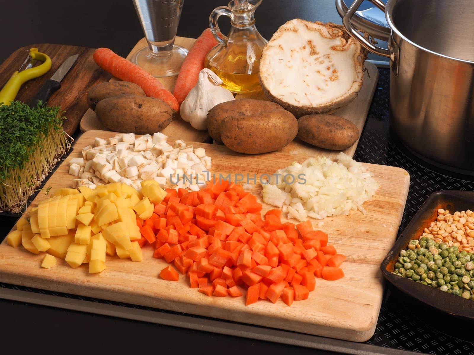 Organic ingredients of cooking a soup of peas