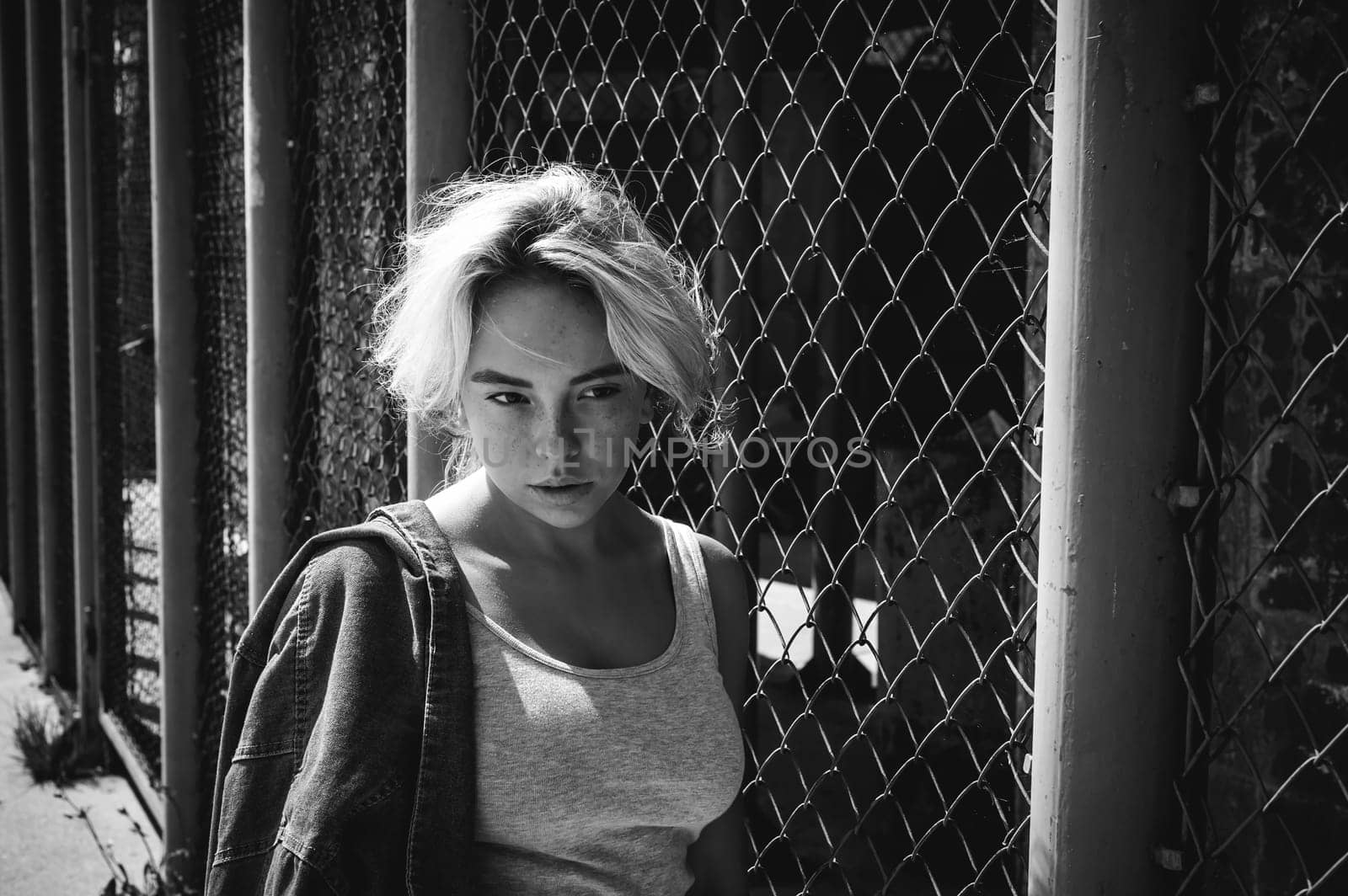young woman in jeans clothes outdoors. portrait of a girl with freckles on her face, stylish girl on a fence of a grid, a sunny summer day...