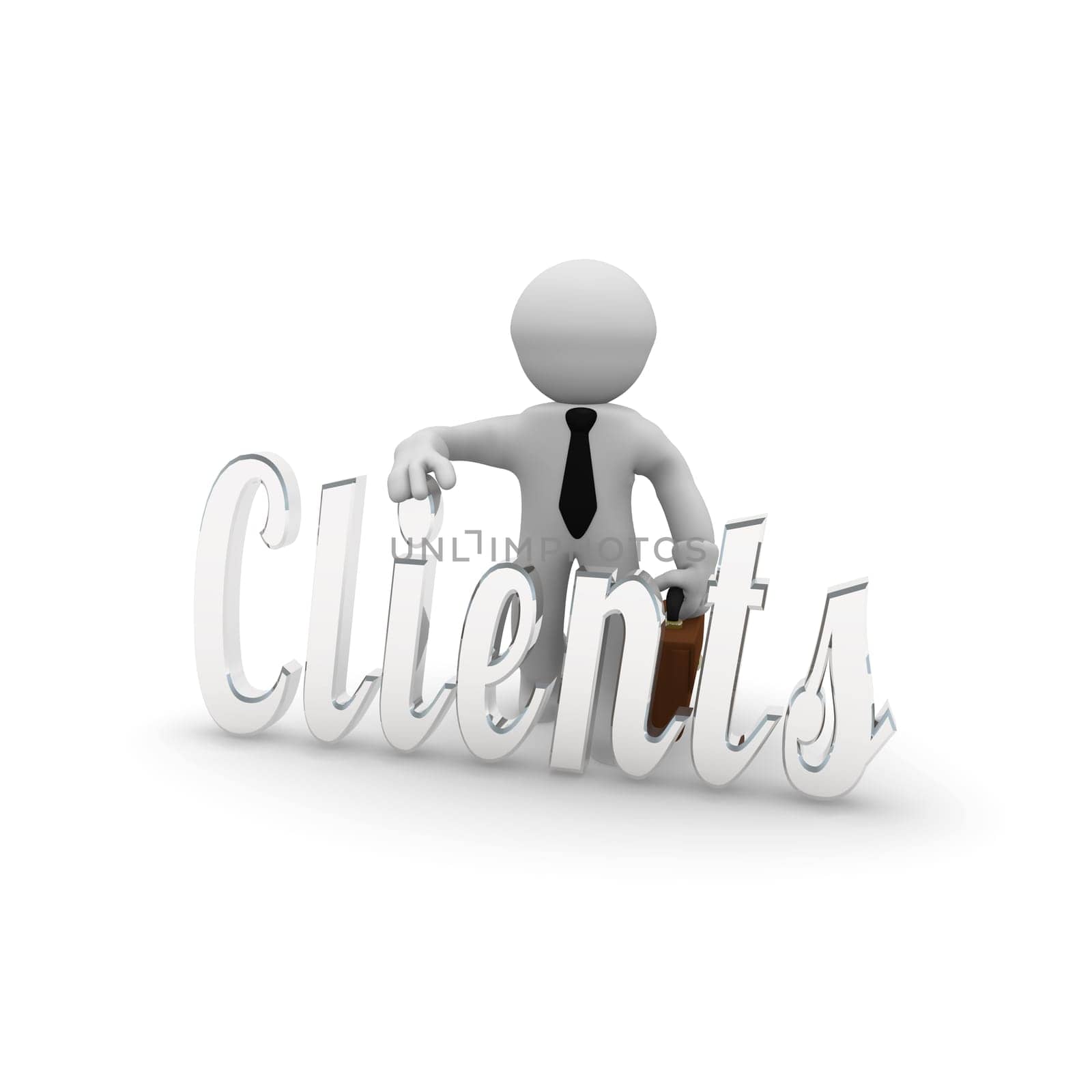 Character with the word clients in silver and upswing arrow, 3d rendering