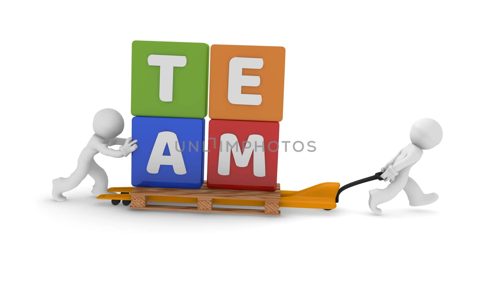 Teamwork concept with two 3d character and colorful dices with the word teamwork on a lifting cart, 3d rendering