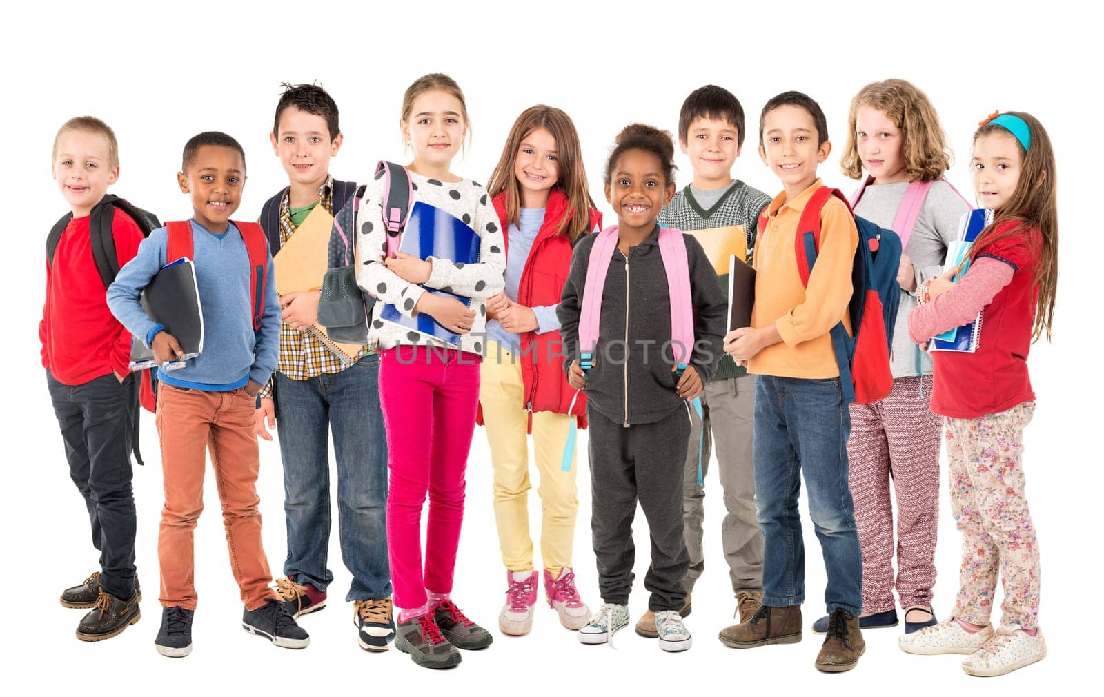 Group of school children posing isolated in white
