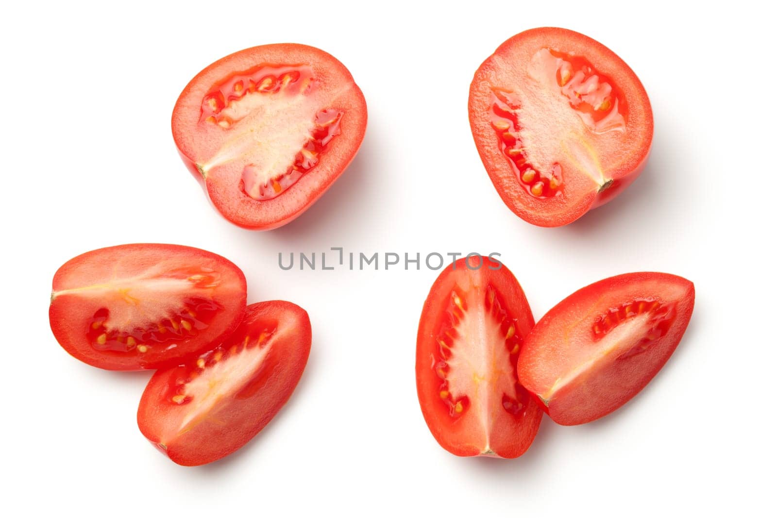fresh tomatoes isolated on white background with natural shadow. top view
