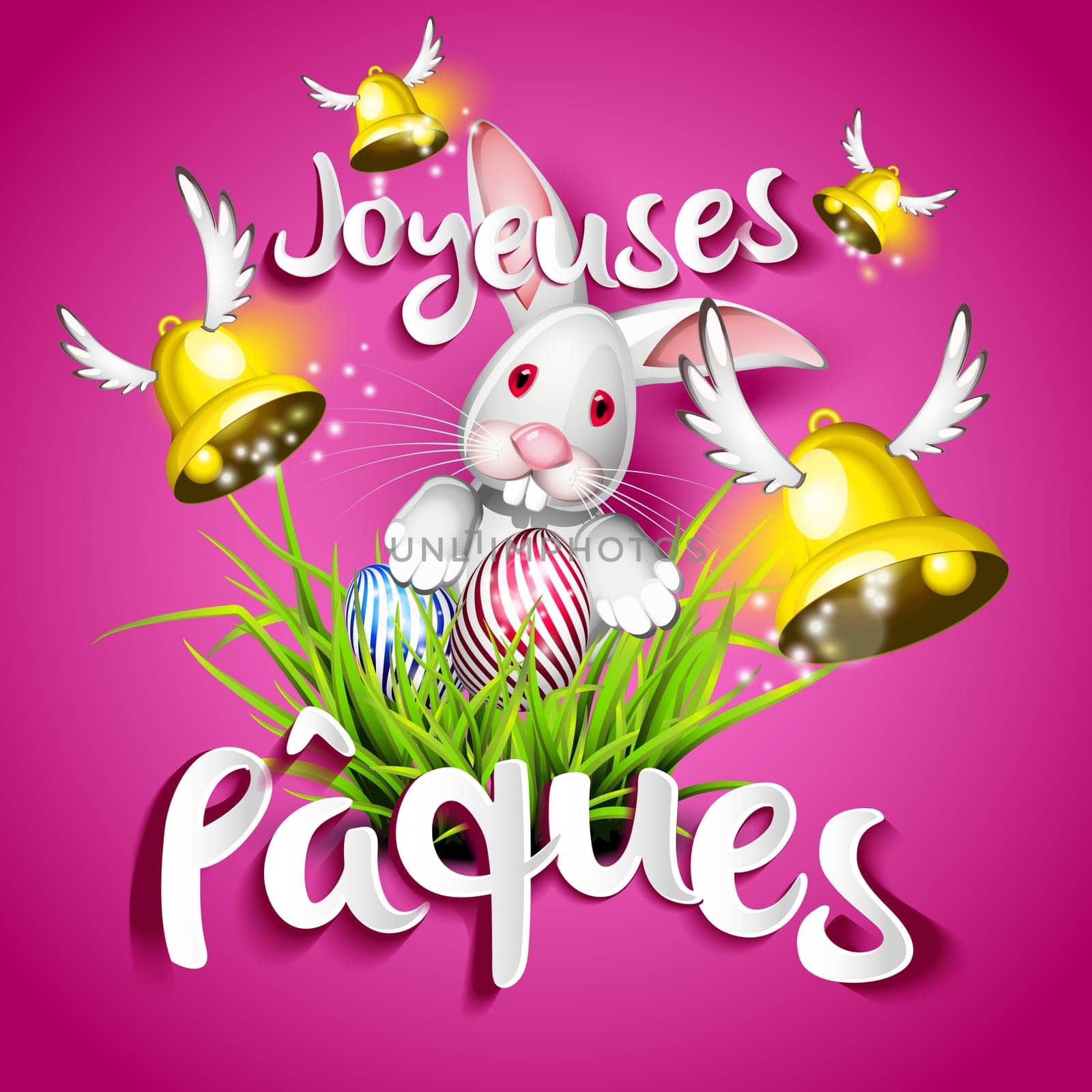 Joyeuses Pâques,oeufs,cloches et lapin sur fond rose