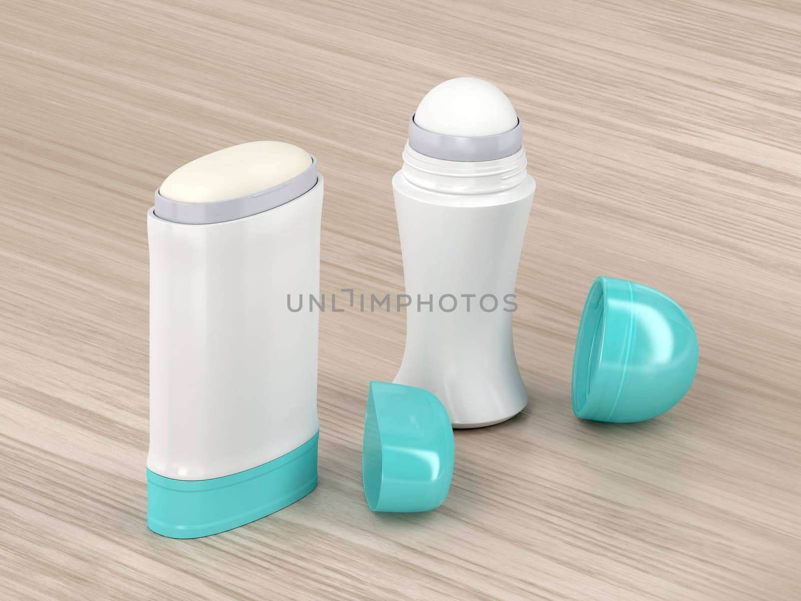 Antiperspirant roll-on and stick on wooden table