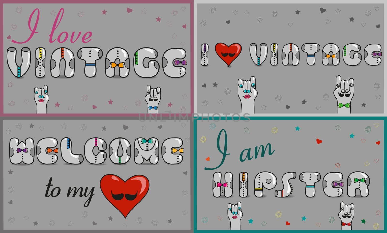 Cards with inscriptions for retail. Vintage font. Sale. Gray retro letters with colorful ties. Pink numerals. Cartoon hipster hands.  illustration