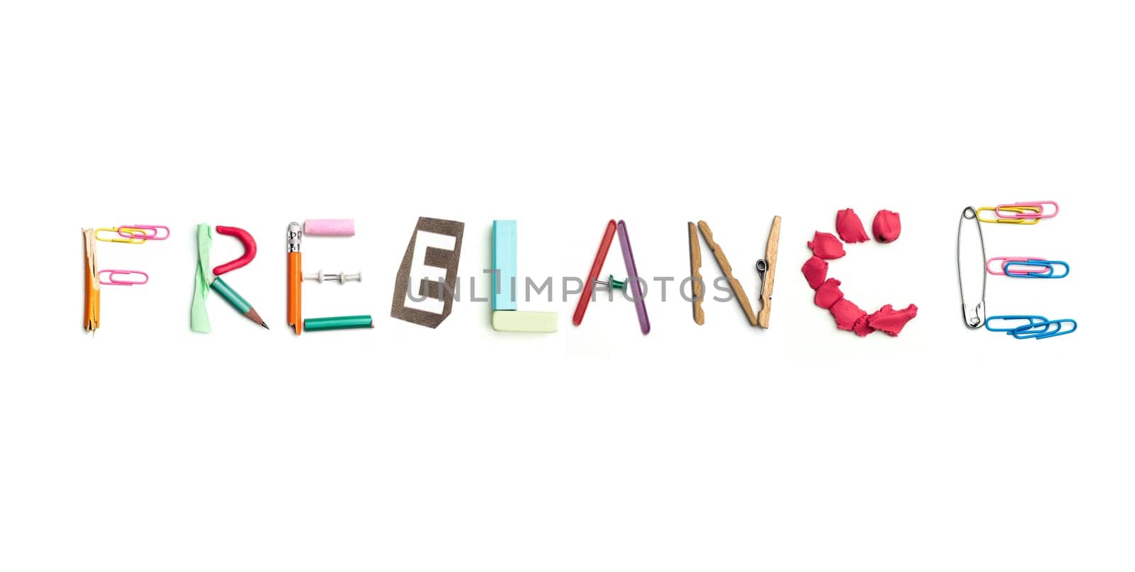 Concept of idea with colorful crumpled paper. The word freelance created from office stationery. The art, creative, letters concepts. Conceptual image. Top view, isolated on white desk. Work tool concept