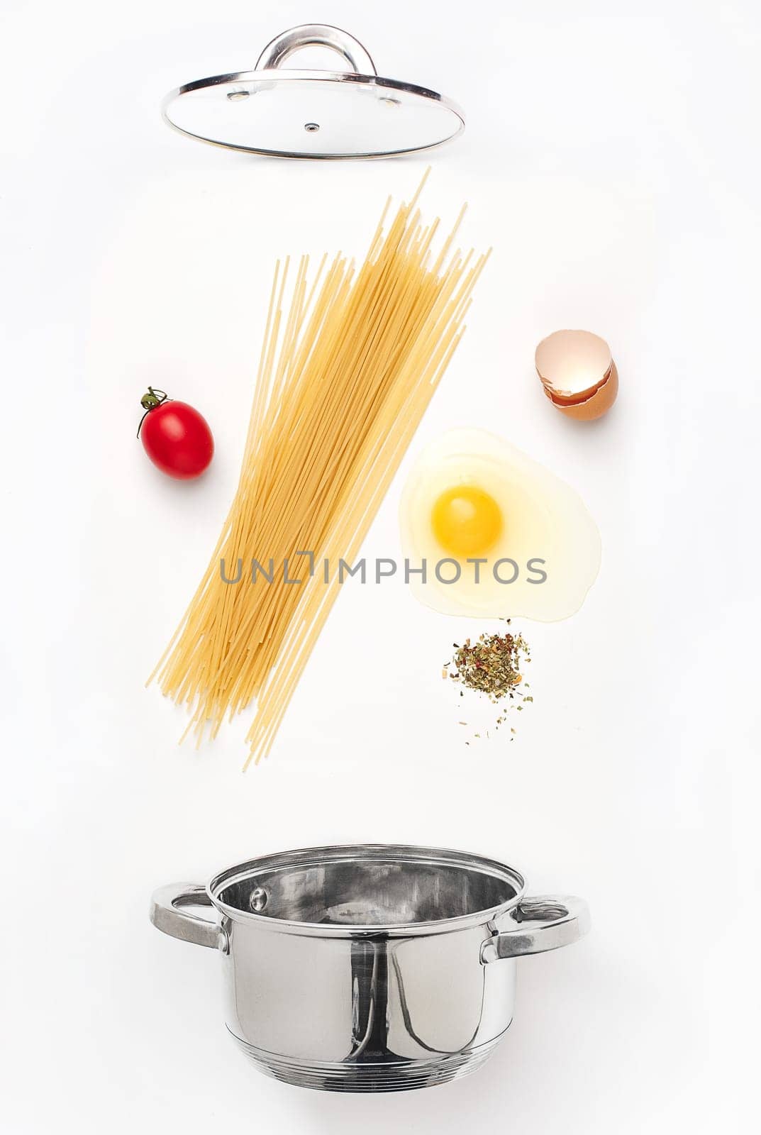 Macaroni pasta with tomato sauce close up. Healthy food ingredients. Flying food