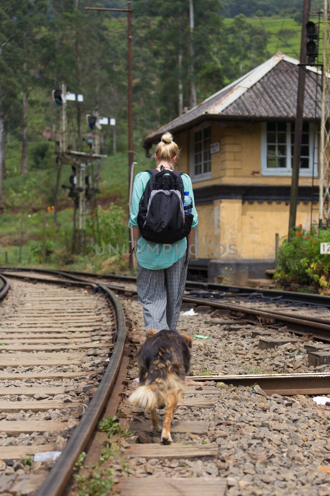 Female backpacker walking on railroad track followed by her best friend dog. Traveling adventure in Sri Lanka.