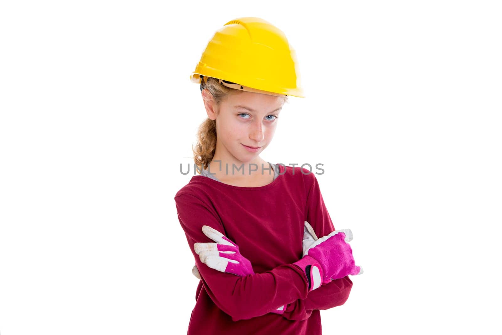 blond girl with helmet and work gloves in front of white background