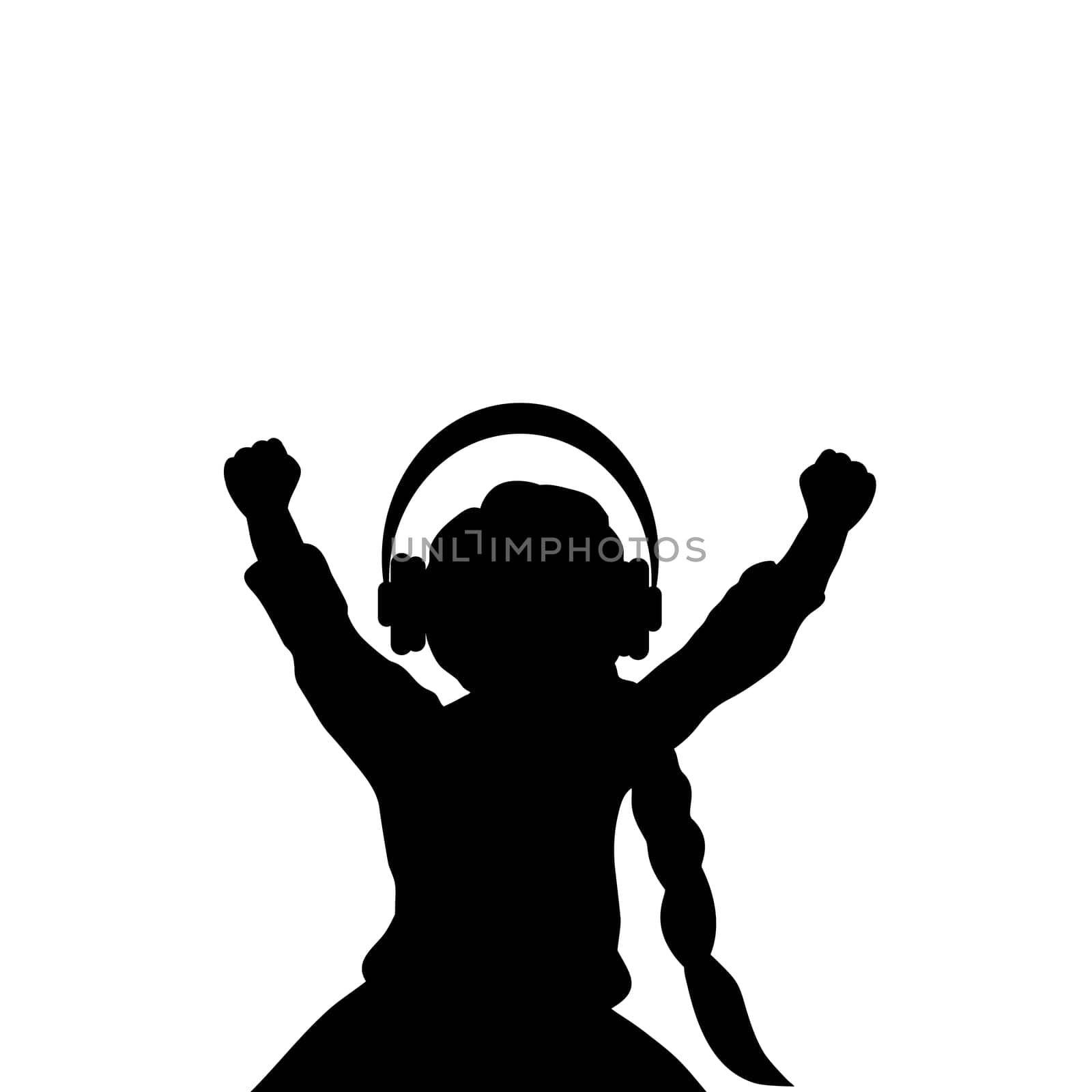 Silhouette girl listening to music with headphones. Vector illustration