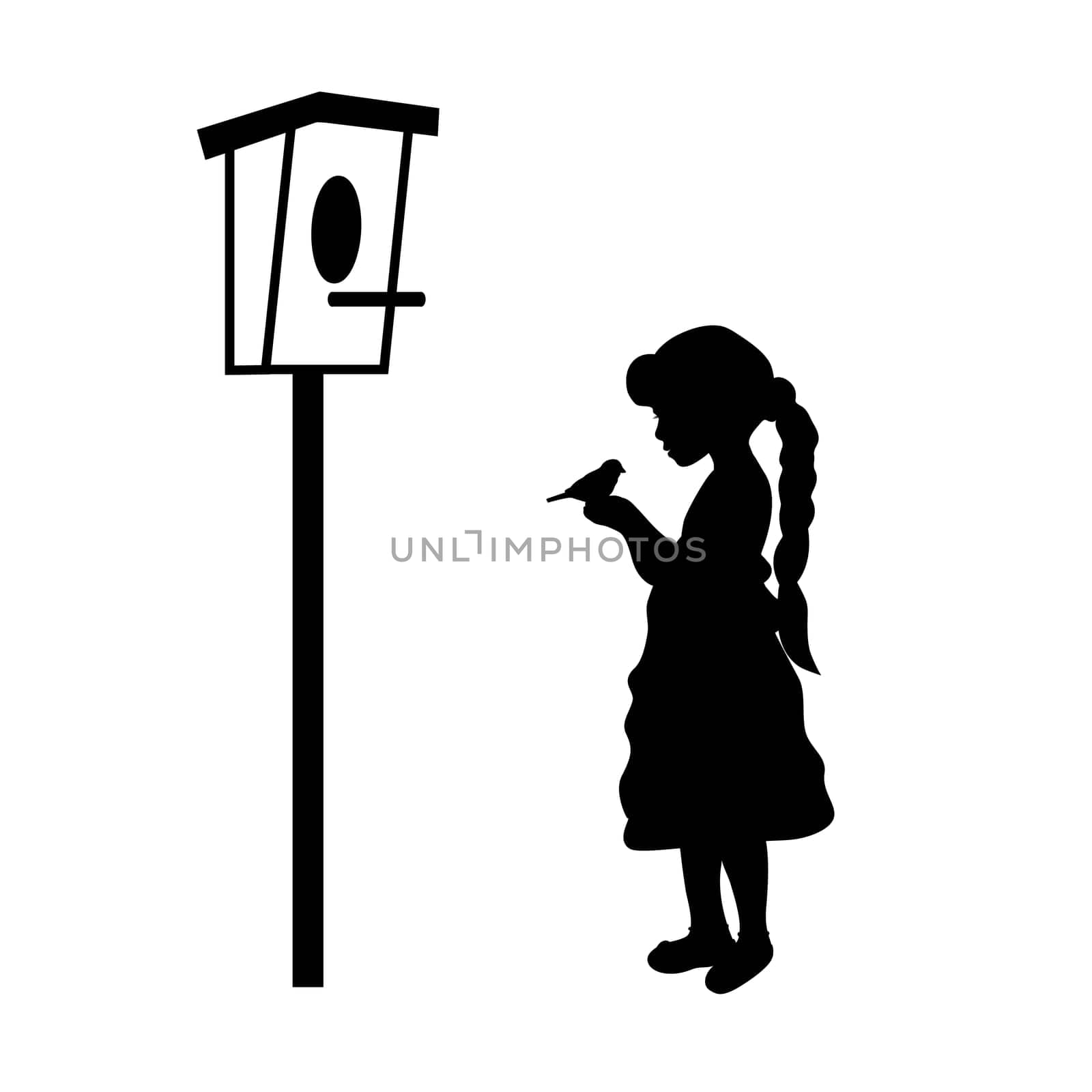 Silhouette girl holding bird birdhouse. Vector illustration