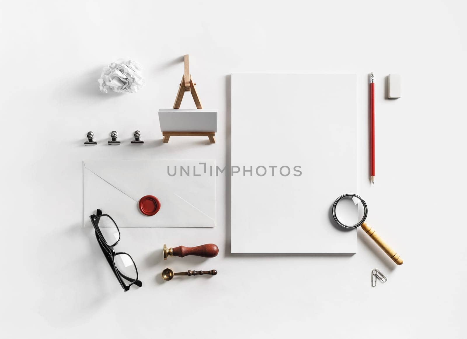 Photo of blank corporate stationery set. Vintage brand ID elements. Responsive design template. Flat lay.