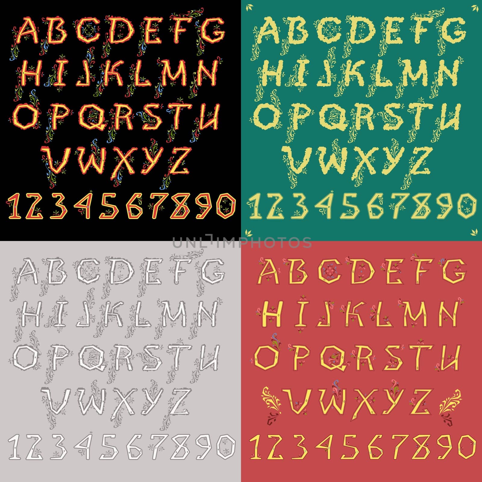 Artistic alphabets with floral bucolic decor. Vintage yellow, gray and colorful fonts. Country folk design. illustration