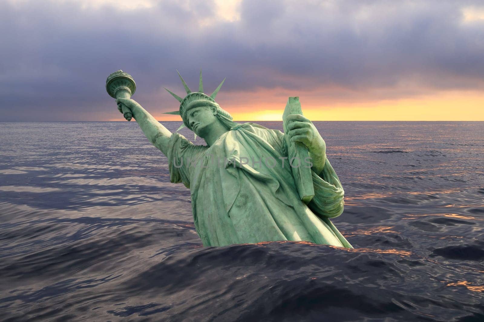 Statue of Liberty sinks in the ocean in the sunset