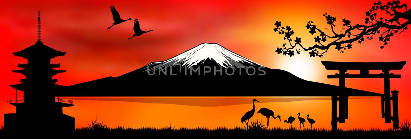 Silhouette Fuji mountain at sunset. Landscape, Mount Fuji.