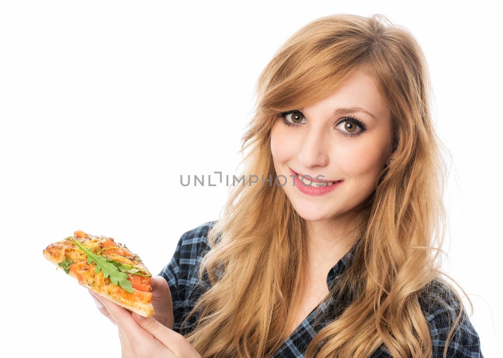Blonde woman with pizza slice