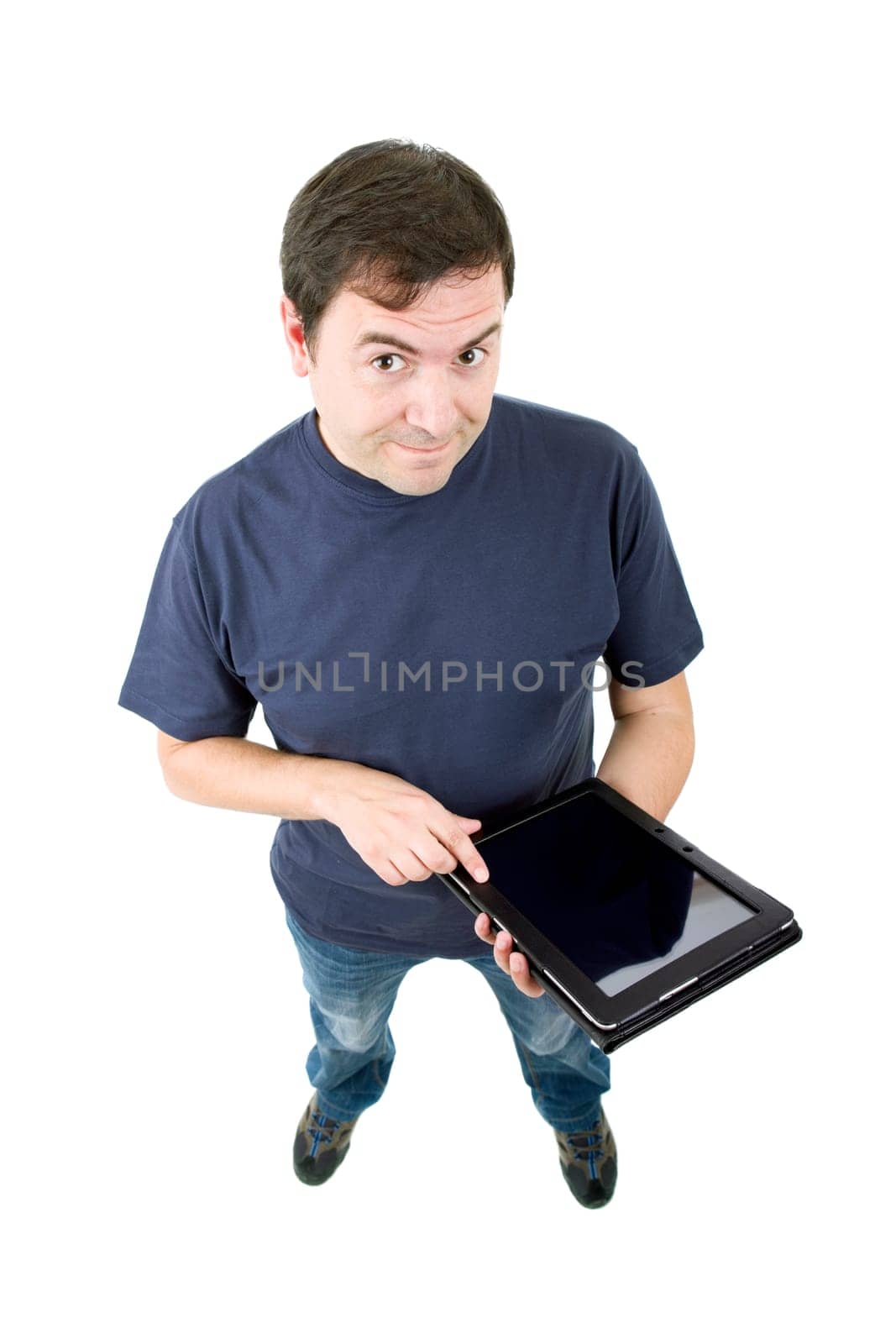 young casual man full body with a tablet, isolated