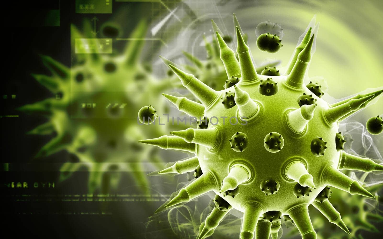 Digital illustration of Flu virus in colour background
