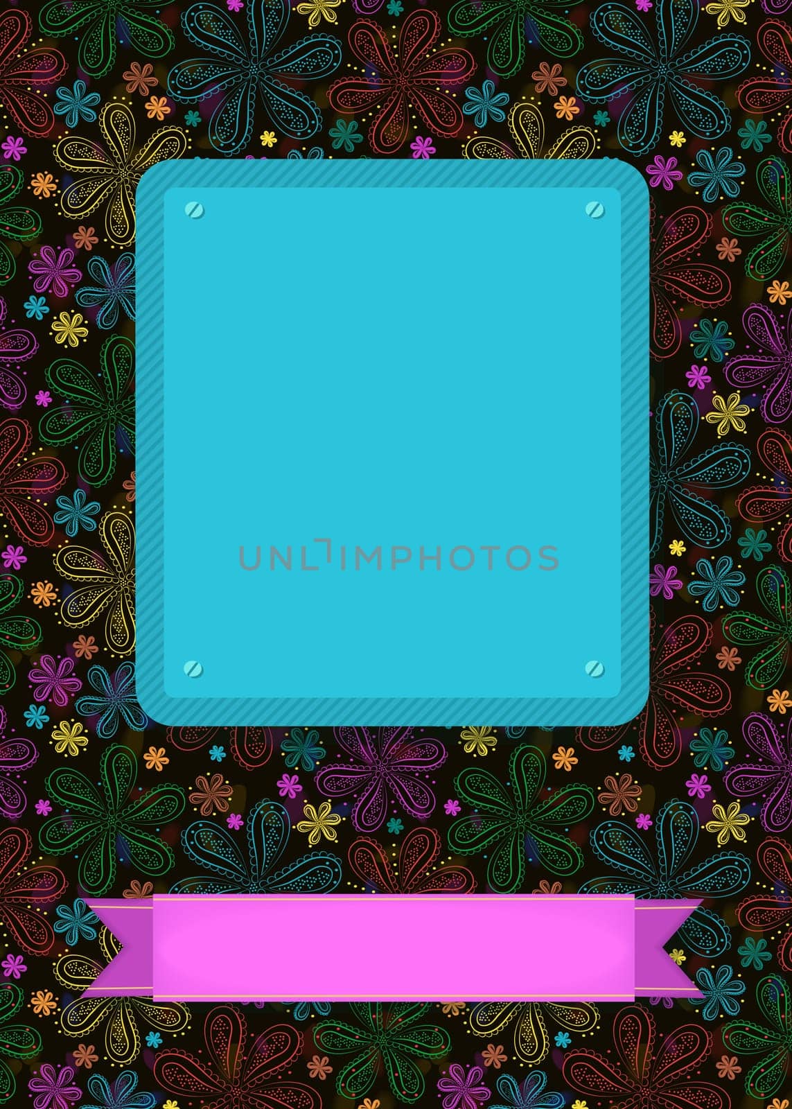 Floral greeting card. Bright colorful geometric flowers. Blue and pink banners for custom text. Black background