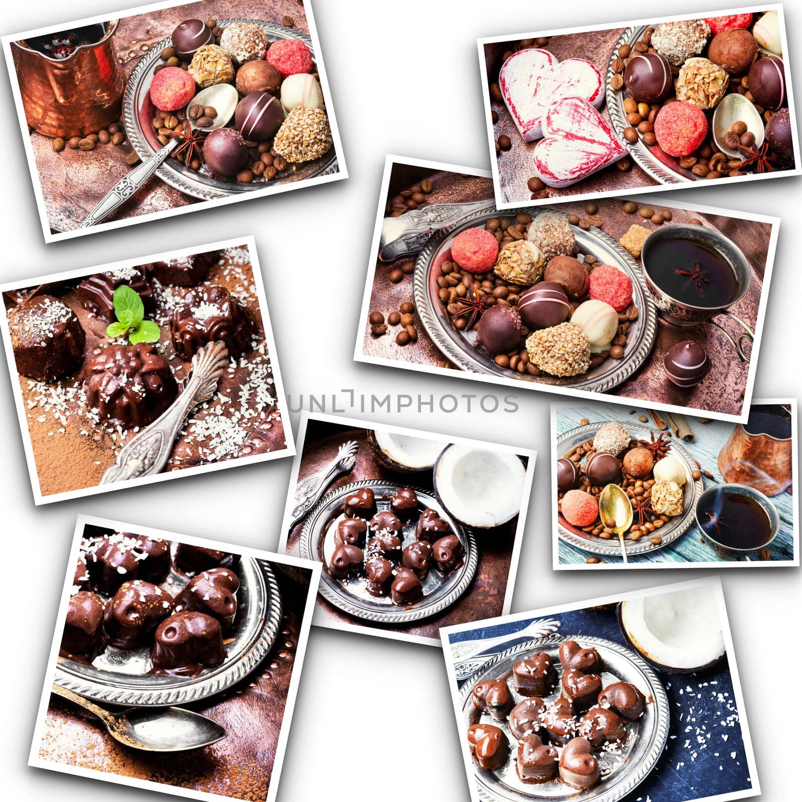 Collage with delicious chocolate candies and fragran