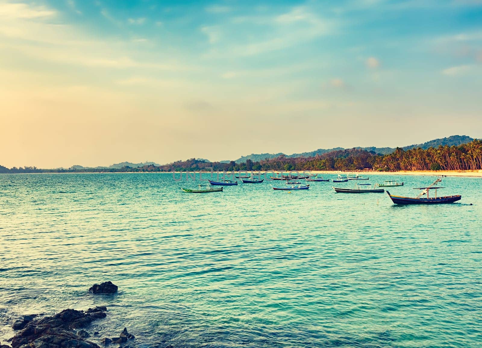 Seascape at sunset time. Beautiful landscape of the Indian ocean. Amazing view.